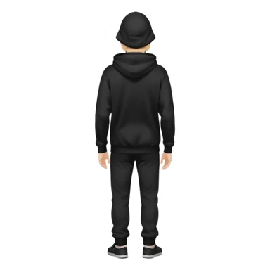 fullbody Mysterious shy caucasian man in black hoodie on head, hands in pockets and black pants rear backview sticker