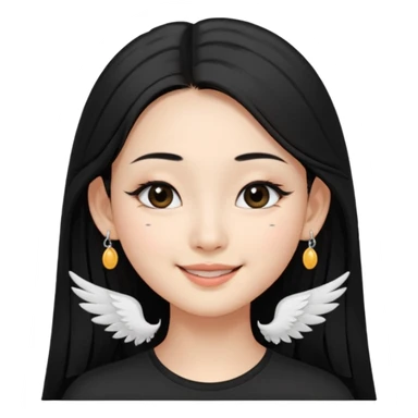 A Asian girl with fare skin and earrings, long straight black hair that is covering her checks with black eyes, smiling with a open wings eyeliner, mole near her nose of the right side sticker