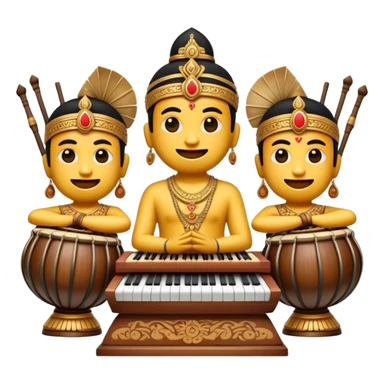Cinematic Realistic Gamelan Pop Culture Emoji, depicted with an ensemble of traditional Indonesian instruments rendered with rich textures and rhythmic, cultural lighting. sticker
