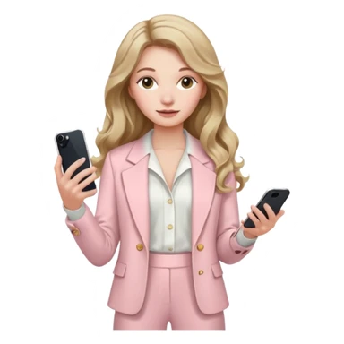 pale skin woman with dark blonde wavy long Hair, light pink Spacious classical jacket, light pink palazzo Arrow pants and white blouse holding white IPhone 15 pro in the hands sticker