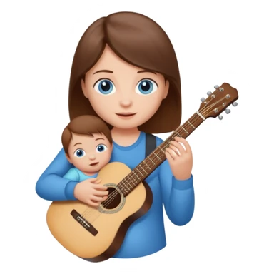 baby with brown hair and blue eyes, holding a guitar and a bottle sticker