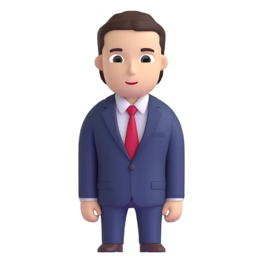 man wearing a dark blue-gray business suit with a white shirt and a red tie sticker