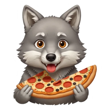 a sitting surprised grey wolf eating a piece of pizza emoji sticker