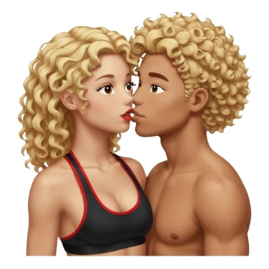 athletic man, high top fade, blonde curly hair only top only, no shirt and Athletic girl with long wavy red hair and black sports bra, Put them together kissing, or holding hands sticker