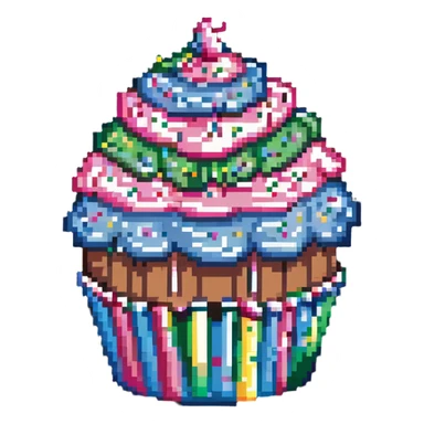giant cupcake with pink icing and colorful sprinkles, striped cupcake wrapper, pixel art style sticker