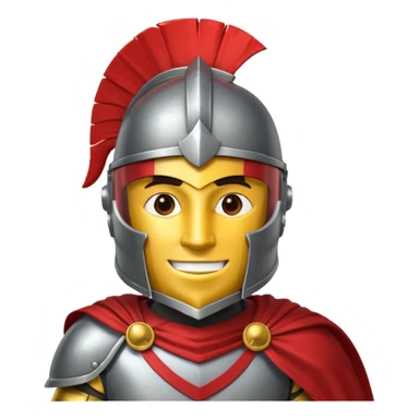 A friendly Trojan warrior mascot with a large cartoon-style head, wearing a silver helmet with a red crest and black cheek guards.  confident smile. The character wears dark armor with metallic details and a bright yellow cape.  sticker