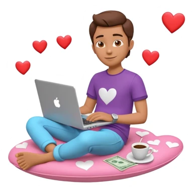 3D clay character relaxed with laptop and coffee, floating icons (hearts + dollars), colofrful modern outfit, white laptop, Pixar style, transparent background sticker