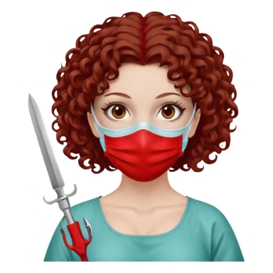 Lilith symbol seductress evil surgeon. Hair curly, and brown. Long curly brown hair. Red surgical mask and hair covering. She works for cartel and kills  with a scalpel. sticker