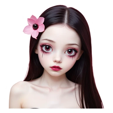 girl with white skin, dark brown long realistic straight hair with middle part prominently falling in front of her body over her shoulders, lips with reddish-pink shiny lip gloss and absolutely no cupid's bow, simple big round eyes with very black shiny eyeballs with no makeup at all, completely bare natural eyes, no colored eyelids, no eyeshadow, no eyeliner, natural eyelashes, light pink blush on cheeks, lighter button nose, exceptionally elongated very long oval-shaped face, wearing a pink off-shoulder top, looking directly at camera with hands down at sides sticker