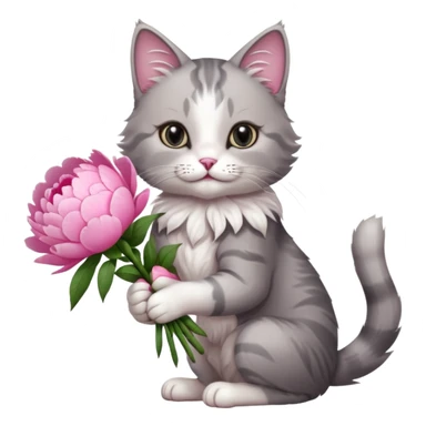 Cute cat Handing pink peonies like reaching a hand and handing them out a bouquet of them not a physical hand the cats hand  make the cat fluffy and grey and white fluffier make the cat wear a pink coquette make her wear a pink coquette make the peonies open and in boquette sticker