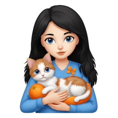 A girl black hair and brown eyes with A 2-month-old Persian-Angora mix kitten with blue eyes and mostly ORANGE fur with white patches sticker