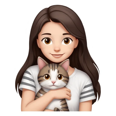 a girl with long dark brown hair, in a
white T-shirt and brown eyes, smile, hugs a tabby
dark grey and white strips one cat sticker