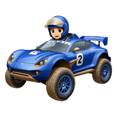 Dirty Joke’s Midnight-blue Local Motors Rally Fighter off road race car being driven by a cayman , sitting in the driver’s seat, over a dirt ramp  sticker