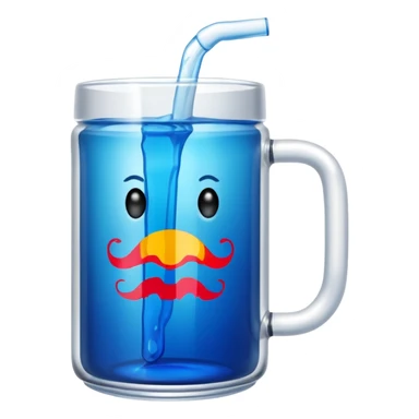 A large clear glass mug with a bright blue liquid inside.  Make the mug thicker and white/clear, not blue. beer stein. Handle is not blue. The walls of the mug are very thick and white. Only one handle. No actual beer. Can of redbull sticking out of too sticker