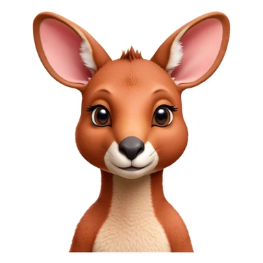 Cinematic Cute Adult Red Kangaroo Portrait Emoji, Head tilted playfully and inquisitively, showcasing a charming, robust build with soft reddish fur and a uniquely red kangaroo-like head featuring a gentle, elongated snout and rounded ears, with large, sparkling eyes full of wonder, Simplified yet irresistibly adorable features, highly detailed, glowing with a warm, friendly glow, high shine, affectionate and lively, stylized with a touch of outback whimsy, soft glowing outline, capturing the essence of a mischievous yet loving kangaroo that seems as if it could hop out of the screen into your arms! sticker
