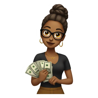 Sassy Brown girl holding money with glasses on and her hair in a bun sticker