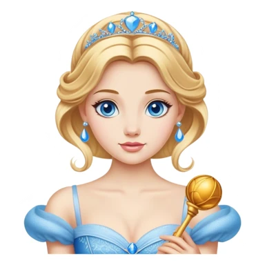 Cinematic Realistic Comical Cinderella Portrait, with every detail rendered realistically—from the soft, smooth texture of her fair skin to her artfully styled golden-blonde hair. Her bright blue eyes are wide with playful disbelief, and her expression carries a touch of whimsical humor while retaining elegant poise. Her classic ball gown, detailed with rich fabric textures and natural shadows, catches the light in a way that blends refined beauty with a hint of cheeky mischief, creating a striking, lifelike portrayal. sticker