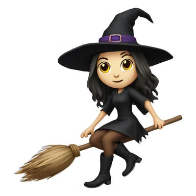 witch on a broom dark long hair white skin sticker