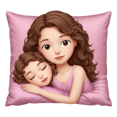 Sleeping beauty pale-skinned girl with brown wavy hair, resting peacefully on a soft pink silk pillow on her side, wearing pastel pink sticker