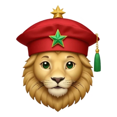 Cute lion emoji face wearing a Red Moroccan fez hat with a flat top, straight sides, a green five-pointed star on the front, and a thin black tassel hanging from the right side. sticker
