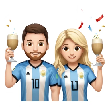 Messi in Argentina jersey and Shakira in a stage outfit, toasting with yerba mate, both smiling, cute and fun emoji style, with confetti background sticker
