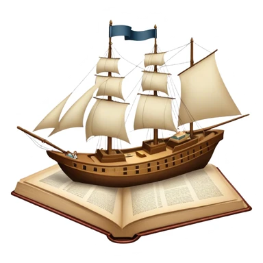 Icon for Reading Fiction: a large open book with pages turning, Musketeers on horseback, Sherlock Holmes and other literary elements, a sailboat sailing across the pages. The icon should evoke the adventurous spirit of storytelling. Transparent background. sticker
