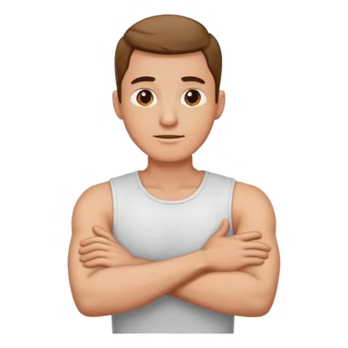 Man with arms crossed holding his neck sticker