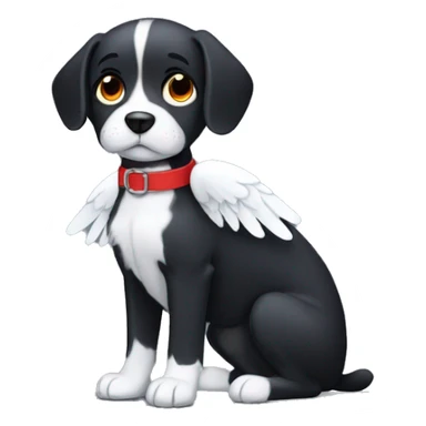 black dog with white patch, big jowls, sad puppy eyes, angel wings, red collar sticker