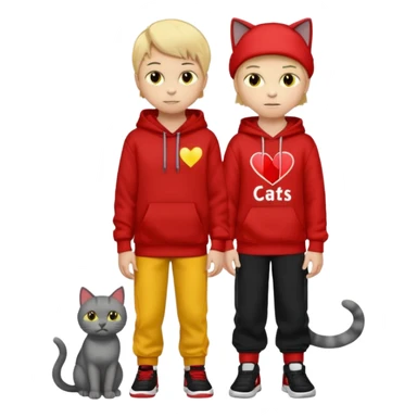 There is one 8 year old boy wearing a red and black hoodie say I heart cats he’s blond he has red Jordan’s and Hess wearing black pants he’s next to his only gray cat with yellow eyes  sticker