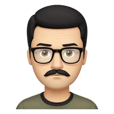 Caucasian man with medium-length, combed-back black hair, dark thick eyebrows, square black glasses, light olive skin, short full beard with mustache, wearing a black crew neck shirt. Neutral to serious expression with slightly pursed lips and focused eyes sticker