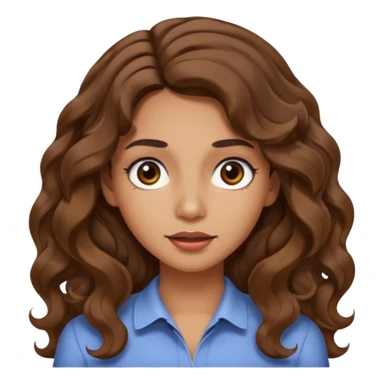 She has long, brown hair styled in soft wavy curls with a middle part. She has well-shaped eyebrows and dark brown eyes. She is wearing light makeup that highlights her natural beauty and is offering a slight smile to the camera. She is surprise sticker