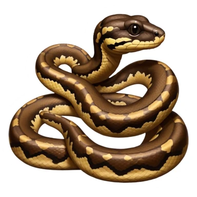 A photo-realistic digital illustration of a Ball Python, chest upward, with a short, rounded head, thick body, and a calm, curious expression. It has a warm brown base color with irregular dark blotches shaped like “alien heads,” and matte-textured scales that emphasize its small, stocky form. sticker