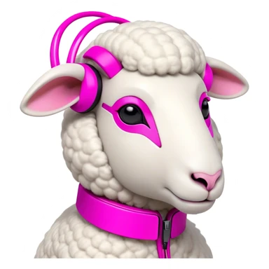 Sheep character with minimalist features and a distinctive high-tech earpiece that wraps around one ear. The earpiece should be sleek, futuristic and glowing in vibrant pink that contrasts with the sheep's clean white body. The sheep has a trendy asymmetrical wool haircut with one side featuring an undercut style. The sheep wears fashion-forward, colored clothing - perhaps a color-blocked jacket in bold hues or a stylish oversized sweater in a trendy shade. Simple, bold shapes with minimal details but with a confident, slightly smirking expression that gives off a true trendsetter vibe - like this sheep is always ahead of the curve and knows it. sticker