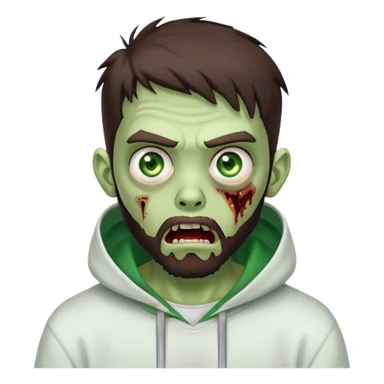 zombie with shocked expression, undercut hairstyle with dark brown hair, short full beard, intense green eyes, wearing plain white hoodie sticker