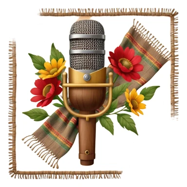 Create a traditional and warm emoji representing folk singing, using a humanless collage. The design should feature a rustic wooden microphone or an old-fashioned folk instrument like a balalaika, gusli, or a domra, placed alongside traditional elements such as a hand-woven scarf or a wooden flute. Include natural, earthy details like wildflowers, musical notes, and rustic textures, evoking the feeling of folk music in its purest form. Use warm, earthy colors like brown, gold, red, and green to create a cozy and organic vibe. The background should be transparent. sticker