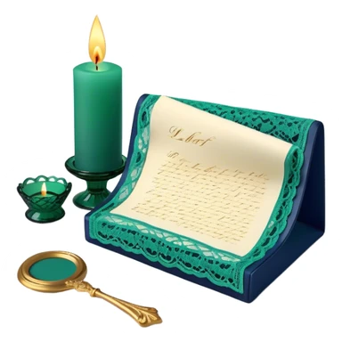 A nostalgic still life of a lace-adorned love letter in deep green, placed beside a vintage glass candle in navy blue. sticker