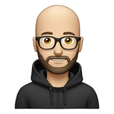 bald white man with glasses and a black beard typing on apple computer wearing a black hoodie sticker