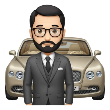 Professor Bentley Dyed black gray hair  frencb beard graying indian guy in suit with a bentley car. Older look with glasses slight balding sticker