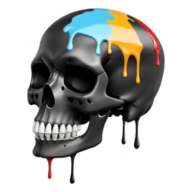 smooth black skull with street art colors and brand logos painted within the skull's surface, minimal paint drips that don't extend past skull outline, angled view sticker