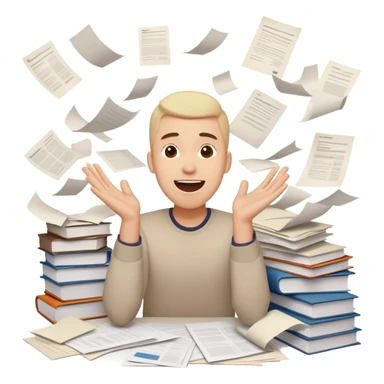 A person with a happy excited face but also looking stressed and overwhelmed, papers flying everywhere, surrounded by work items, half celebrating success and half panicking about deadlines sticker