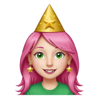 A girl with long pink hair and green eyes with long eyelashes and a smiley face. She has freckles and a lit of bit of pink lipstick on her mouth, she’s also got a full gold birthday party hat on her head with gold pom poms on top of it, and her T-shirt is all red, she wore gold star earrings  sticker