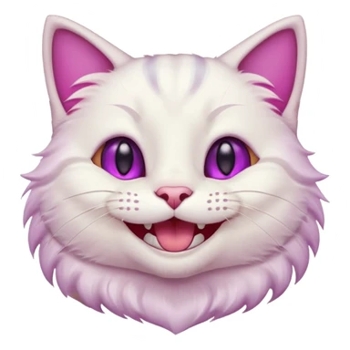 White cat wide mouth happy smiling with teeth showing, very light pink inner ears, magenta purple eyes, looks like discord's :smiley_cat: emoji, male looking sticker