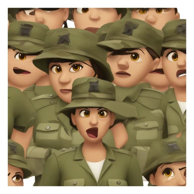 a female drill sergeant showing full torso wearing a classic sergeant hat and a camouflage army shirt. The character should have an angry intense expression.  sticker