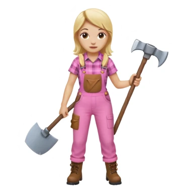 lumberjack blonde woman holding axe pink checked shirt and overall sticker