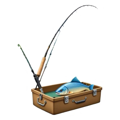 Icon for Fishing Travel: a boat on a calm lake surrounded by mountains and lush greenery, with fish jumping out of the water, a fishing rod, tackle box. The icon should capture the peaceful and adventurous nature of fishing trips. Transparent background. sticker