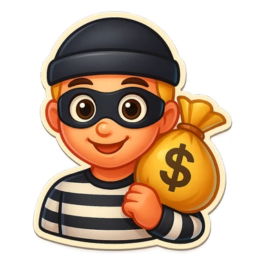 Create a colorful cartoon emoji style portrait of a robber with a black and white striped shirt, black beanie, black mask, carrying a bag of money over the shoulder, and big cartoon eyes, similar to the reference image. sticker
