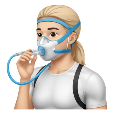 Athlete wearing VO2 max testing mask covering nose and mouth, with tubing connected to measurement equipment sticker