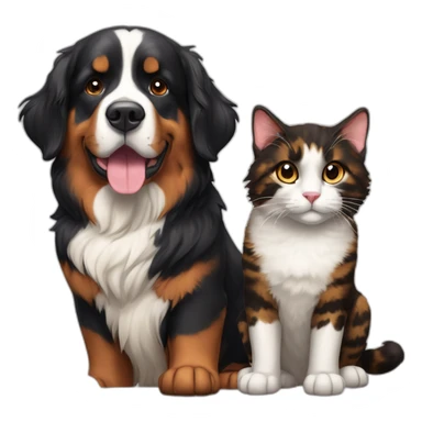 A Bernese dog next to A tortoiseshell cat without white sticker