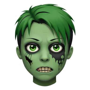  emo zombie black punk hair green skin middle part with cuts on face and closed mouth sticker
