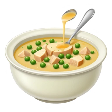A bowl of soup made with chicken broth, peas, chives, and Parmesan cheese sticker
